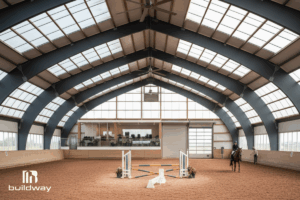 Custom Steel Riding Arena 3 Interior of the Buildway riding arena featuring a spacious sand floor and high steel arches, designed for equestrian training and events.