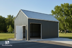Custom-Built Small Steel Garage 3 Front view of a compact steel garage with a roll-up door and side entry, featuring a clean modern design.