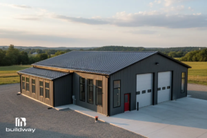 Custom Multi-Use Steel Building 3 Exterior view of a modern steel workshop building with large garage doors and a side office extension.