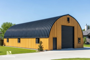Modern arched metal garage with wood panel siding and black steel roof, set in a suburban yard.