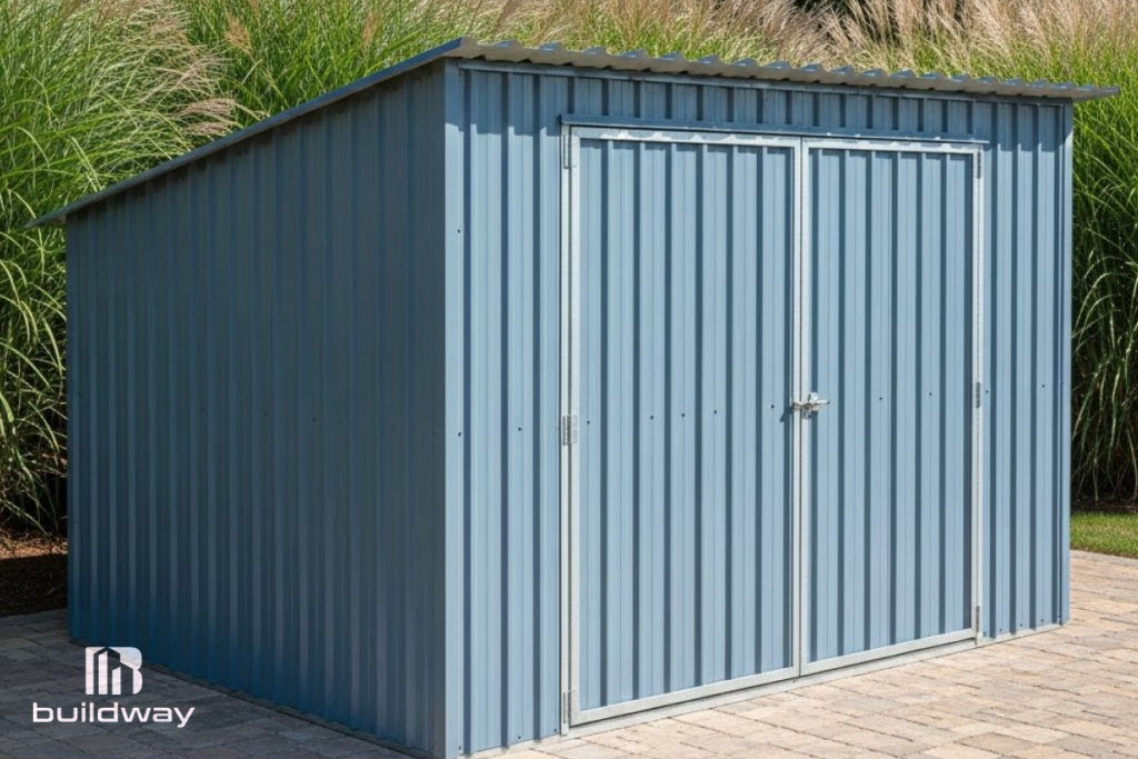 Compact light blue metal storage shed with double doors, built by Buildway. Ideal for backyard storage and easy organization.