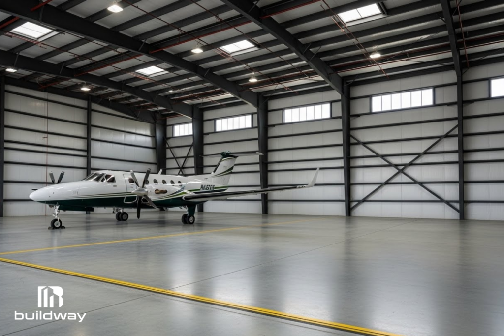 Spacious steel aircraft hangar with a private plane inside, showcasing Buildway’s durable and high-clearance commercial building design.