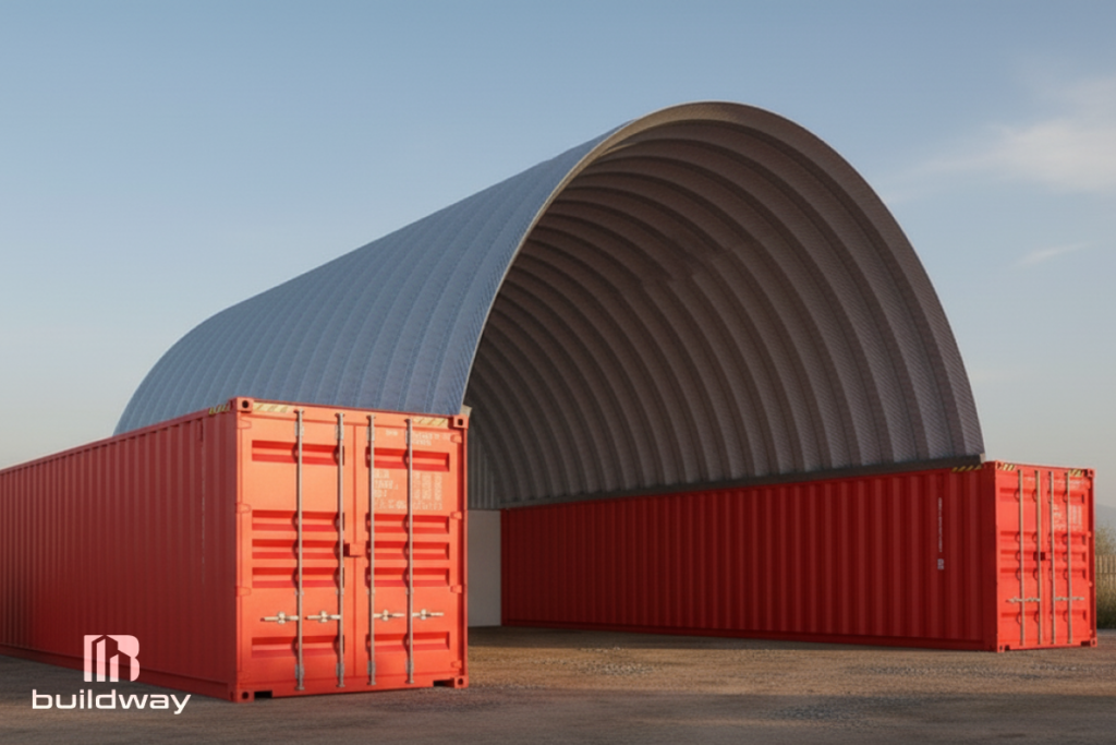Agricultural sea container structure made with two red shipping containers and an arched steel roof, used for farm storage, designed by Buildway.