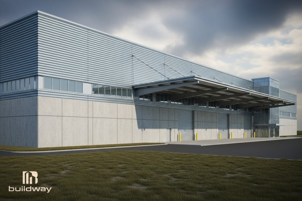 Modern industrial cold storage facility with insulated metal panels, large loading bays, and a steel canopy designed by Buildway.