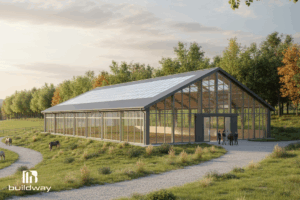Custom Steel Riding Arena 4 Exterior view of the modern steel riding arena surrounded by greenery, showcasing a sleek glass façade and gable roof design.