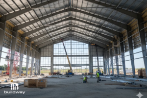Construction phase view showing the steel frame structure of the sports building with workers on-site.