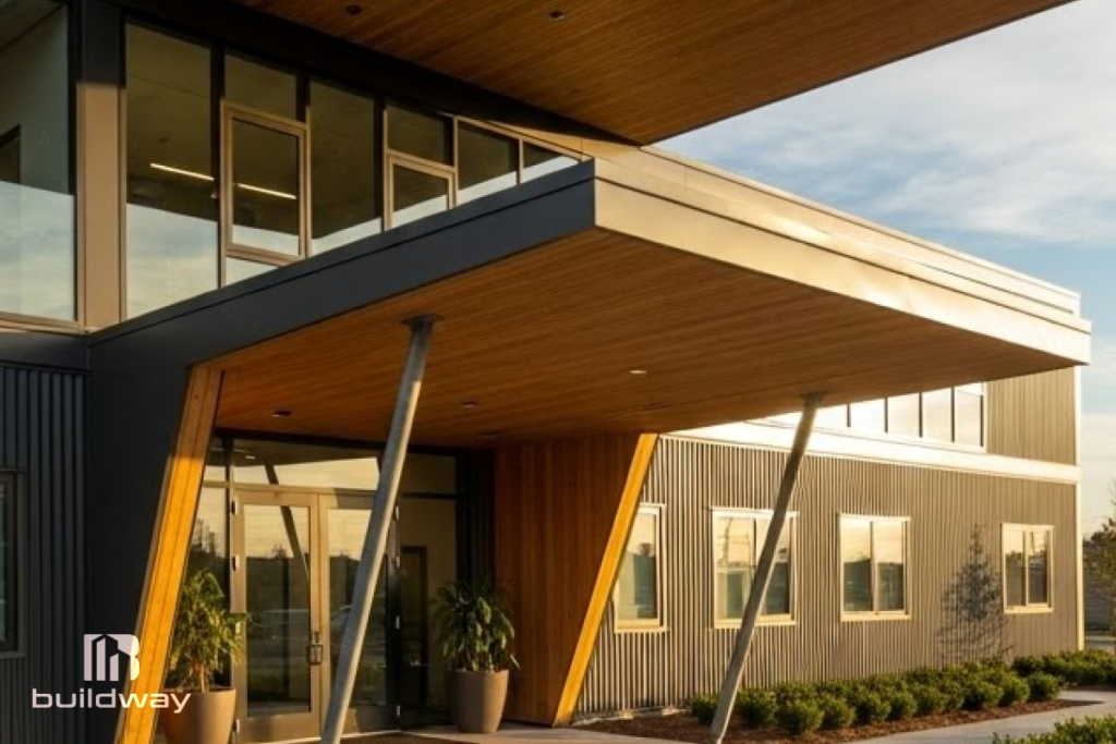 Modern commercial office building with a bold architectural design, featuring angled steel supports, large windows, and wood-accented overhang, illustrating Buildway’s contemporary office construction style.
