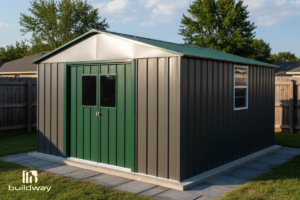 Compact green and gray metal shed with double front doors and side windows, placed on stone tiles.
