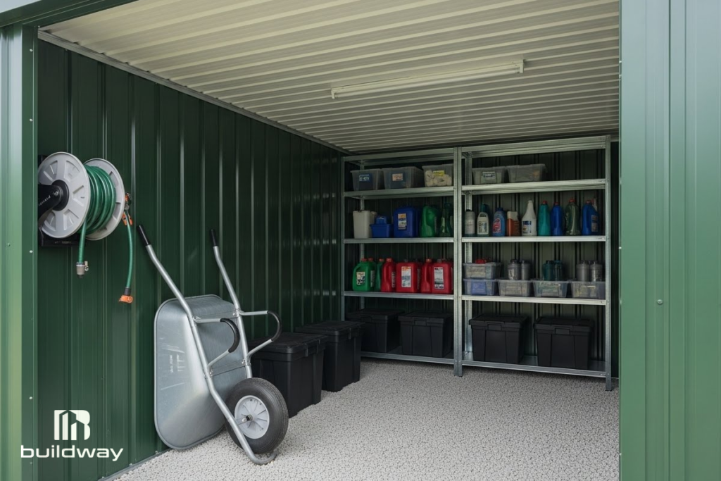 Green metal workshop with organized shelving, storage bins, and tools, built by Buildway. A practical workspace for home projects and maintenance.