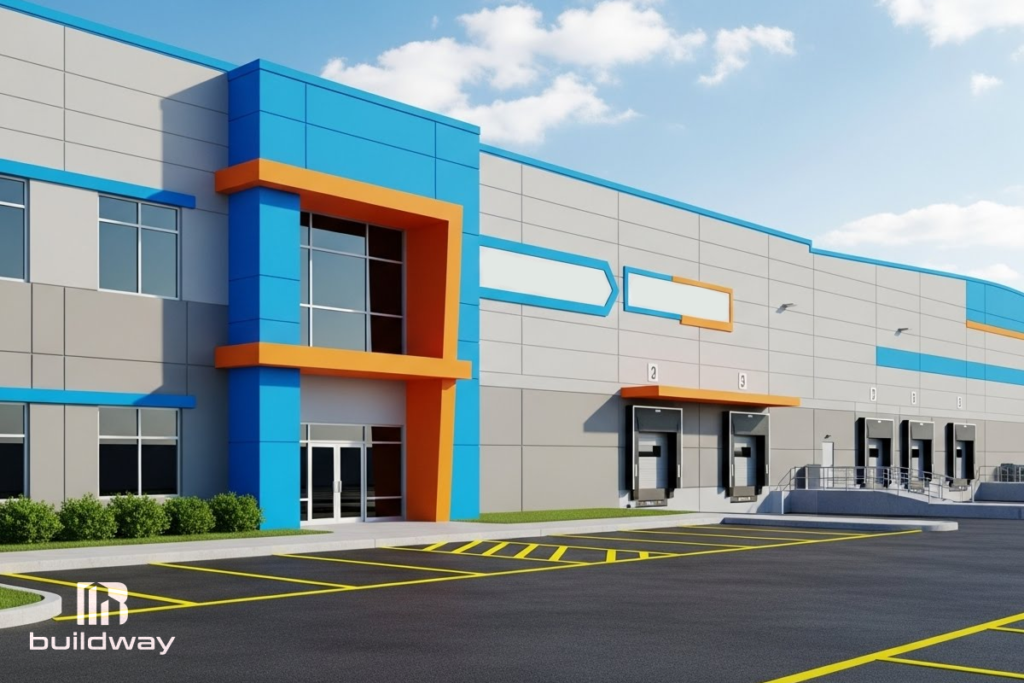 Modern commercial warehouse building with gray facade accented by blue and orange design elements, featuring multiple loading docks and office entrances.