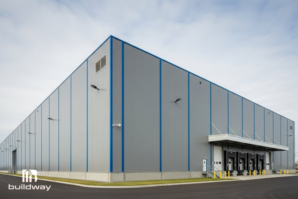 Large industrial cold storage warehouse with insulated gray metal panels, blue trim accents, and multiple loading docks, designed by Buildway.
