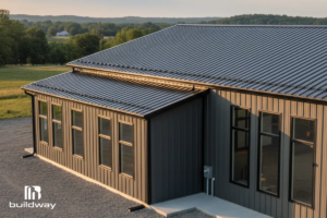 Custom Multi-Use Steel Building 5 Close-up of the steel building’s side extension with multiple windows and a dark metal finish.
