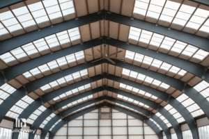 Custom Steel Riding Arena 5 Upward view of the arena’s structural roof system with steel beams and skylights allowing ample natural light.