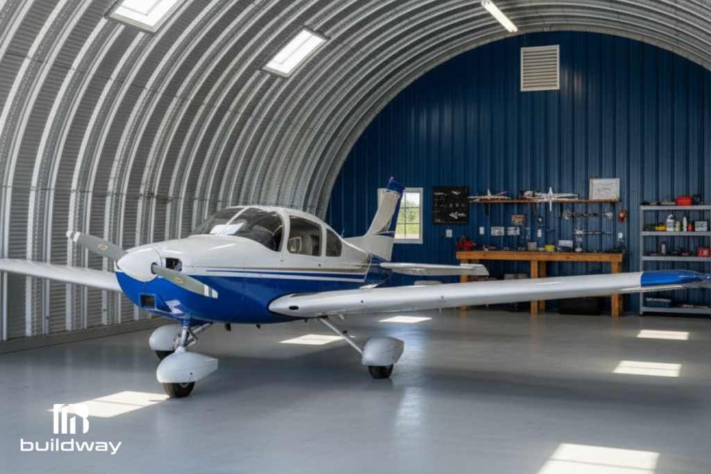Small aircraft parked inside a curved steel hangar with a blue back wall and workbench, showcasing Buildway’s compact and durable aviation building design.