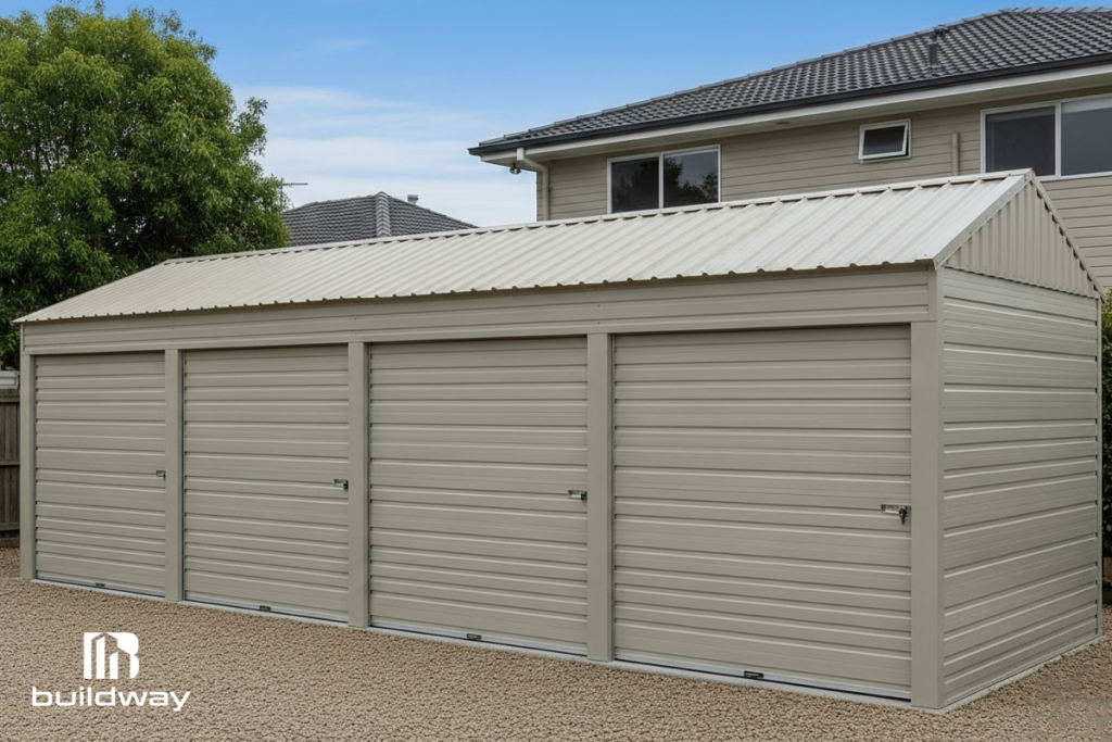 Beige four-door metal storage garage beside a house, built by Buildway. A practical and durable solution for organized home storage.