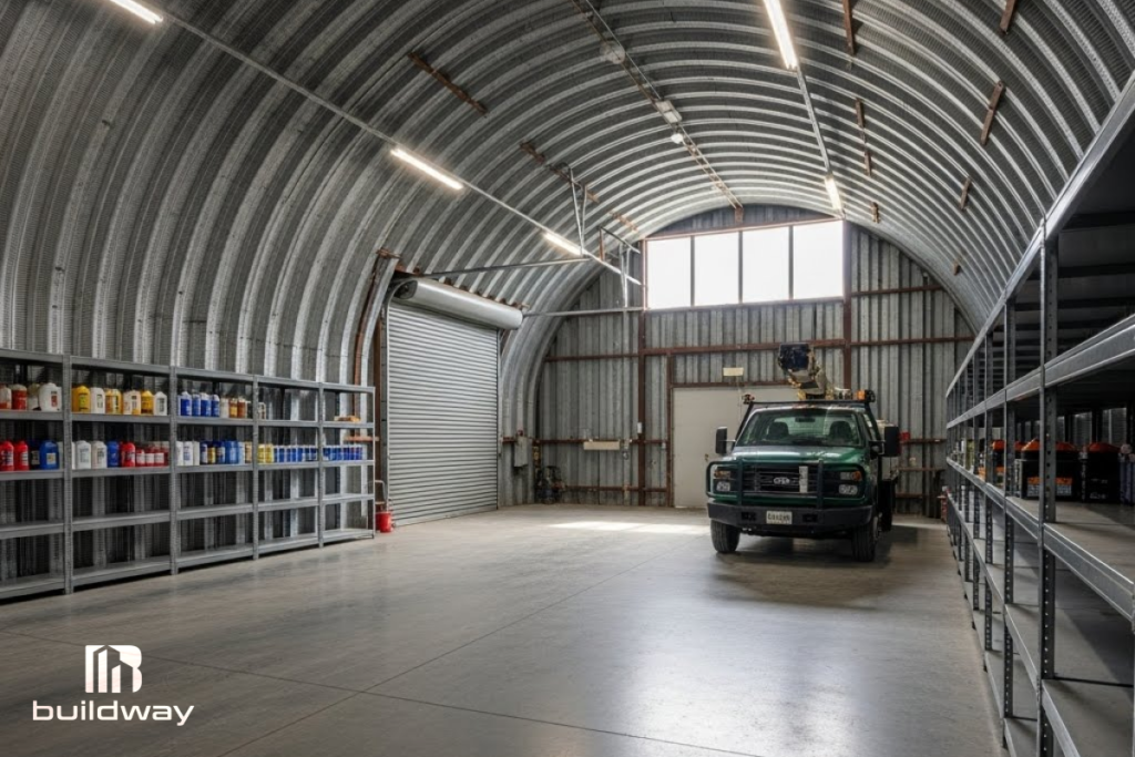 Spacious arched metal workshop with organized shelves and a parked truck, built by Buildway. Ideal for home repairs, storage, and hobby projects.