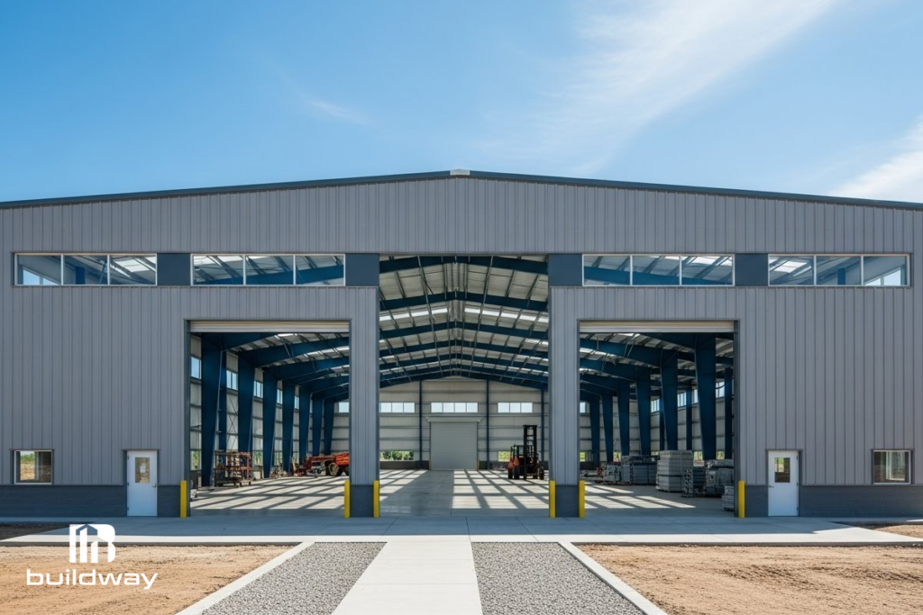 Large steel-frame commercial warehouse with open bays, high ceilings, and skylights, designed by Buildway for industrial and storage use.