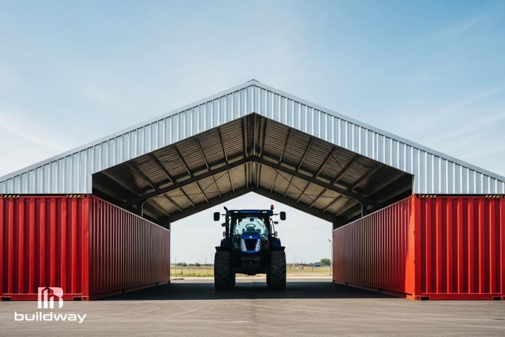 A tractor parked under a steel-roof structure supported by red shipping containers, showing Buildway’s durable and practical container-style building design.
