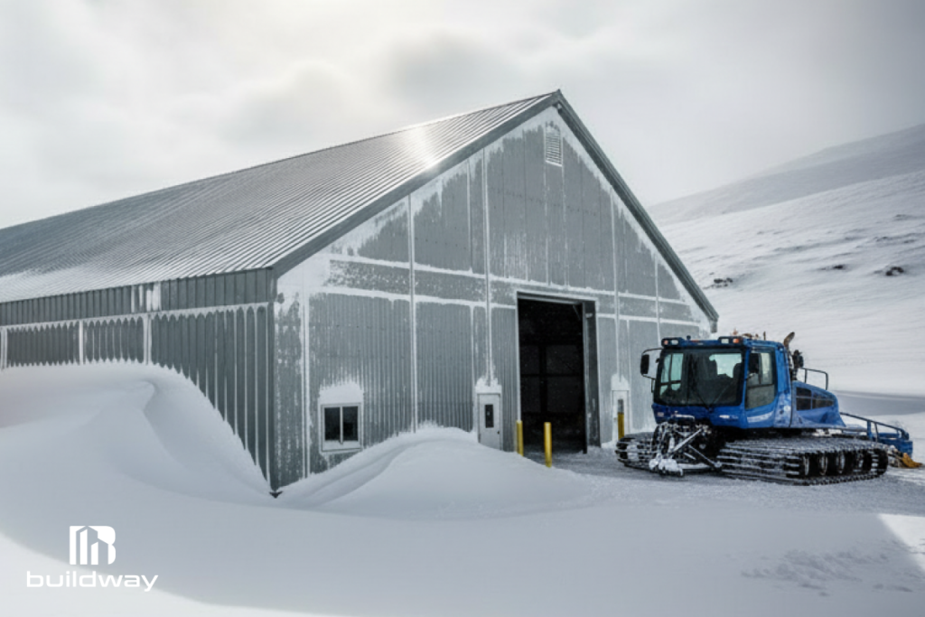 Metal equipment storage building in a snowy landscape, with a blue snow grooming vehicle parked outside, designed by Buildway.