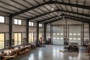 Custom Multi-Use Steel Building 6 Wide interior shot of the spacious steel workshop with high ceilings and large doors.