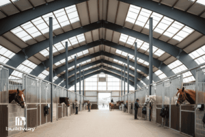Custom Steel Riding Arena 6 Horse stable corridor inside the riding arena, with individual stalls and natural lighting from the overhead skylights.