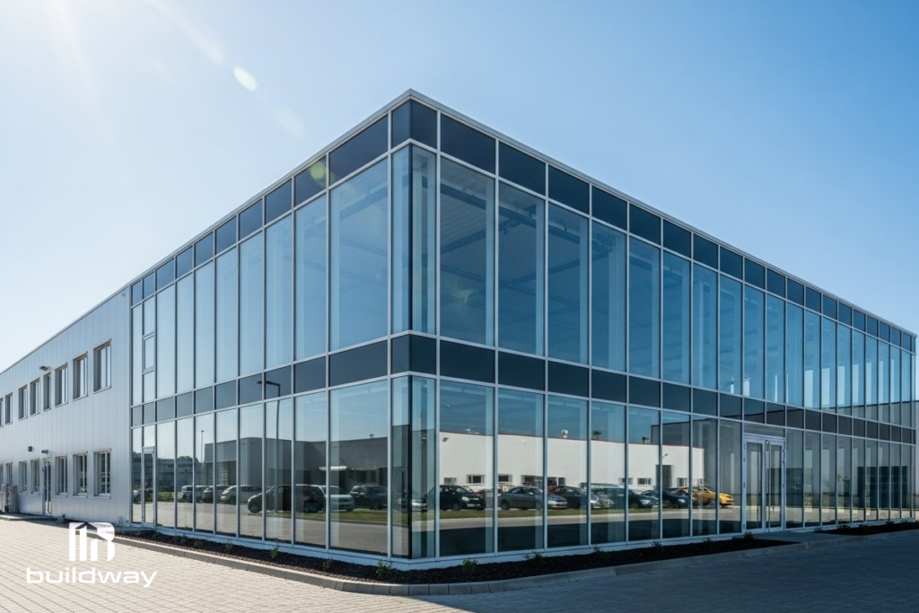 Contemporary glass-walled commercial office building featuring sleek steel framing and a reflective façade, showcasing Buildway’s modern and professional architectural design.