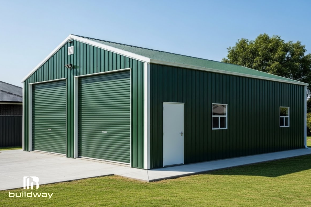 Green metal garage with two large roll-up doors and side entry, built by Buildway. A sturdy and practical design for residential parking or storage.