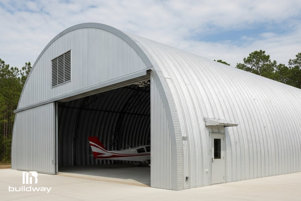 Modern steel aircraft hangar with a small plane inside, featuring a curved roof and wide entry, highlighting Buildway’s durable and functional hangar design.