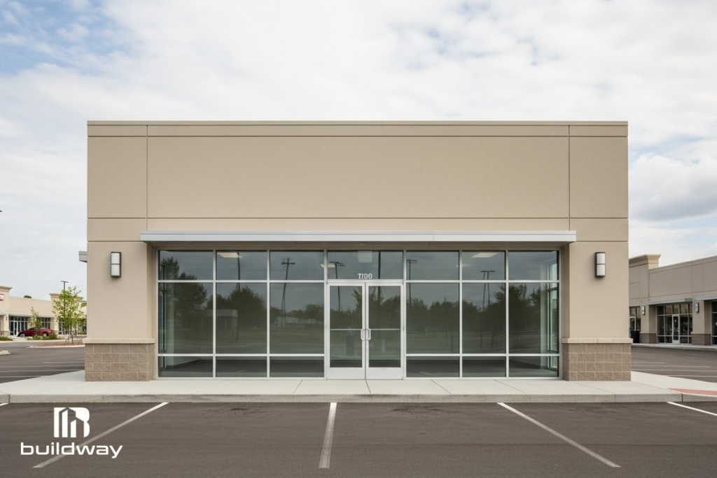 Contemporary single-story commercial retail building with large glass storefront and neutral exterior finish, designed by Buildway for versatile business use.