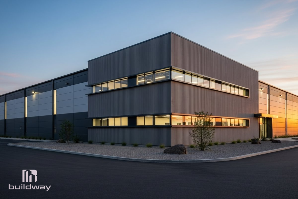 Modern commercial warehouse with sleek gray exterior panels and large windows, illuminated at sunset.