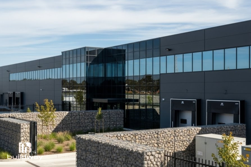 Modern industrial cold storage facility with dark gray metal exterior, large glass facade, and multiple loading bays, designed by Buildway.