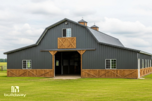 Become a Builder 4 Modern black and wood barn-style building constructed by Buildway. A great example of quality craftsmanship and stylish design for future builders.