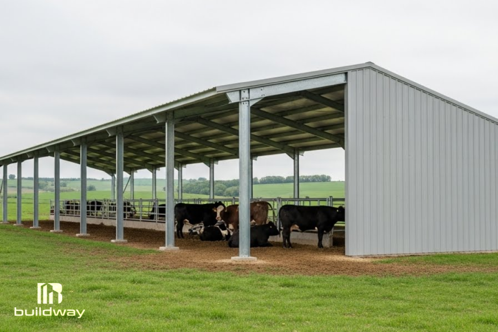 Open-sided steel agricultural barn sheltering cattle on a green pasture, featuring a durable metal roof, designed by Buildway.