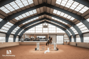 Custom Steel Riding Arena 7 Equestrian in mid-jump during training inside the Buildway riding arena, highlighting the structure’s height and openness.