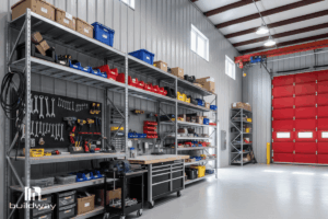 Custom 40x50 Steel Workshop 7 Organized workshop interior with metal shelving, tools, and workspace under bright lighting and red doors.