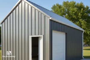 Custom-Built Small Steel Garage 7 Close-up side perspective highlighting the steel siding, roofline, and dual-access doors.