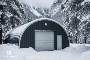 Curved metal garage covered in snow, set in a mountain valley during winter.