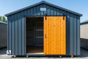 Dark gray metal shed with a bright wooden sliding door and interior shelving visible.