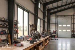 Custom Multi-Use Steel Building 8 Bright workshop interior showing organized workbenches and large entry doors.