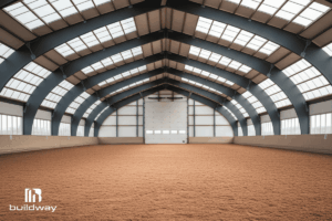 Custom Steel Riding Arena 8 Wide interior view of the empty riding arena floor, showing durable steel framing and bright natural illumination.
