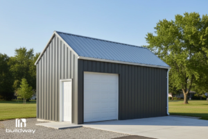 Custom-Built Small Steel Garage 8 Full exterior corner view of the steel garage, showcasing its simple, functional, and sturdy structure.