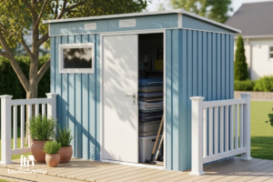 Small light blue metal shed with a white door, window, and railing, placed on a wooden deck.