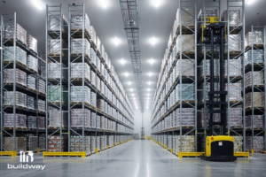 Become a Builder 5 Spacious warehouse interior with tall steel racks and stacked goods, built by Buildway. A clean and efficient example of modern industrial construction.