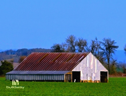 Large metal barn built by Buildway, set in a green field with trees in the background. Ideal for storing farm equipment or crops.