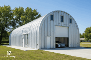 Buildway Quonset steel building with a high arched roof, silver corrugated metal panels, garage door partially open showing a car inside, and side entry door, set against a backdrop of green trees and blue sky.