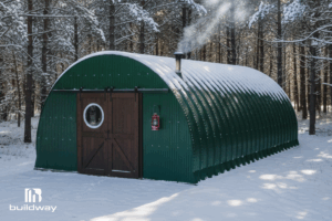 Buildway Quonset hut with green corrugated steel exterior and wooden sliding door, emitting smoke from a chimney, surrounded by a snowy forest landscape.