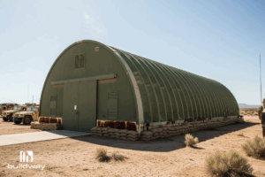 Large green Quonset-style steel building by Buildway with arched roof and double doors, situated in a dry desert area with sandbags at the base.
