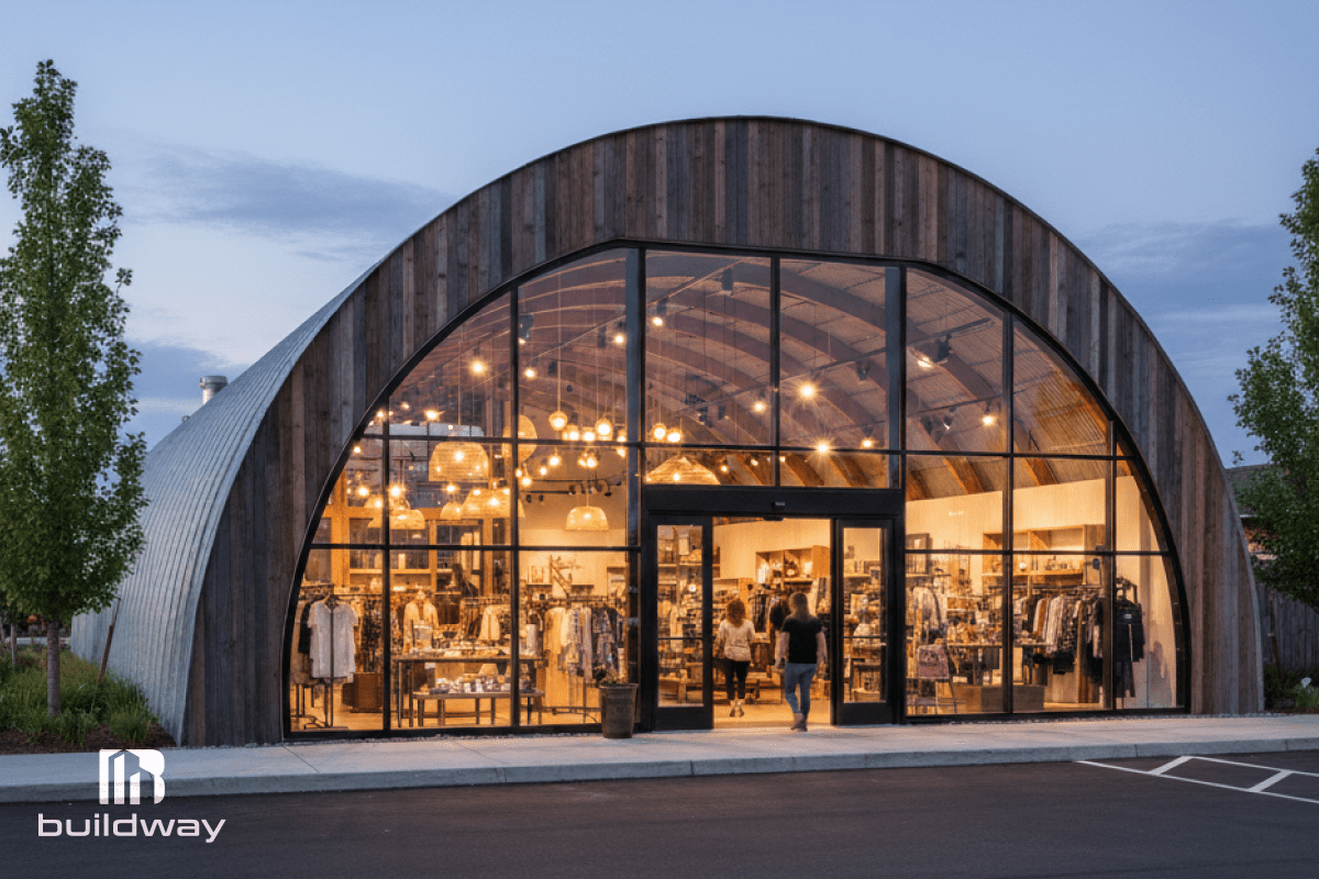 Contemporary Quonset-style commercial building by Buildway with a curved wooden exterior, full glass front, and warm interior lighting showcasing a retail store at dusk.