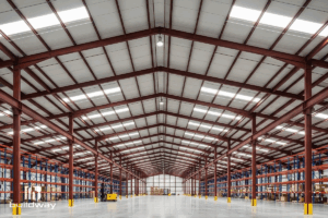 Spacious cold-formed steel (CFS) warehouse interior with red steel framing, white roof panels, and polished concrete floor.