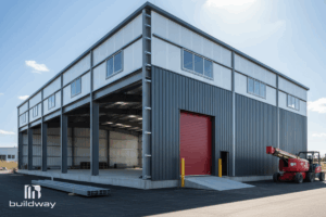 Modern cold-formed steel (CFS) industrial building by Buildway with gray metal cladding, upper windows, and a large red roll-up door, featuring a loading ramp and open interior space.